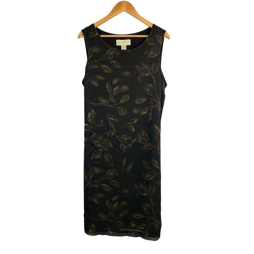 Norton McNaughton Sleeveless Black & Gold Leaf Pattern Dress XL Polyester